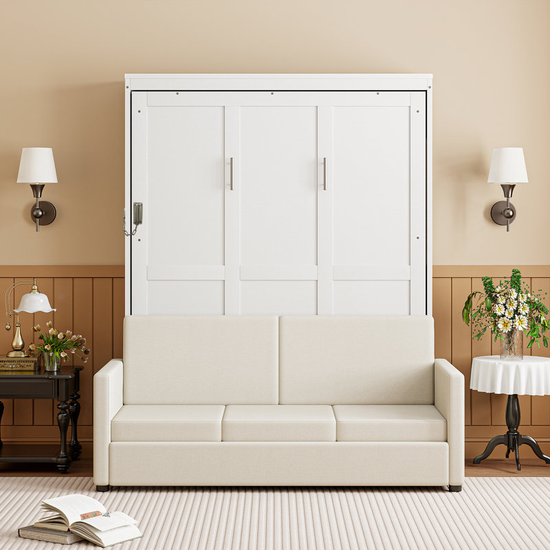 Lit escamotable double avec tête de lit tapissier Roomfitter, lit escamotable peu encombrant, blanc