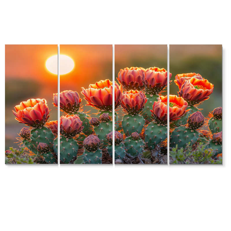 Cactus en fleurs au coucher du soleil I - Art mural floral cactus - ensemble d'art mural traditionnel, H 32 po x l 64 po, 4