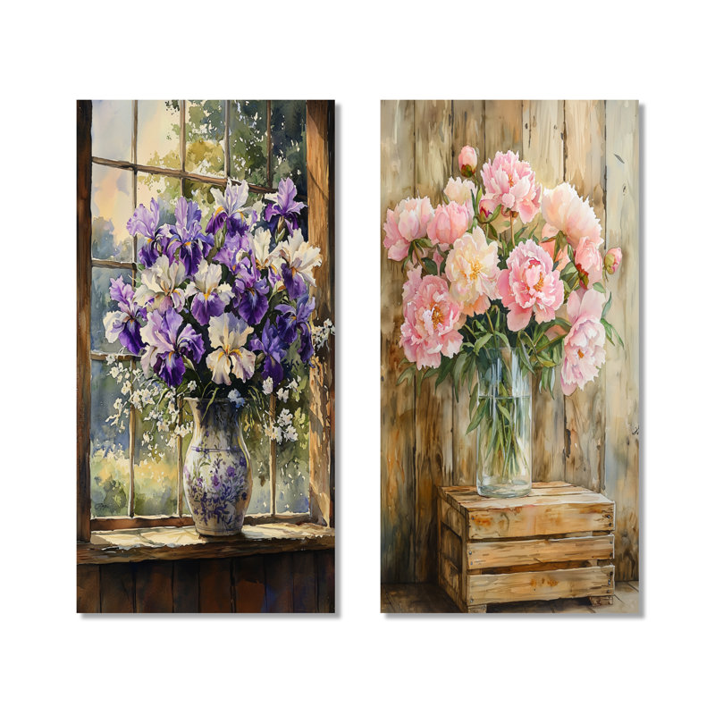 Farmyard Peony Bouquet in Vase I - Botanical, art mural en métal 2 pièces, H 40 po x l 40 po