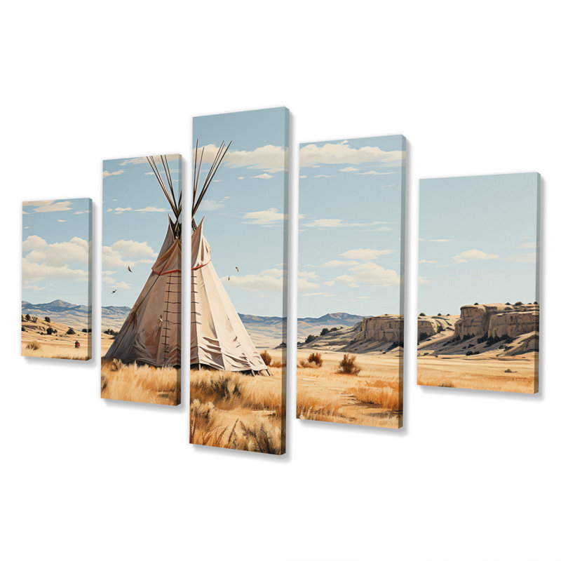 Beige Native Tipi Whispers Of Spirit - salon d'art mural amérindien - 5 panneaux