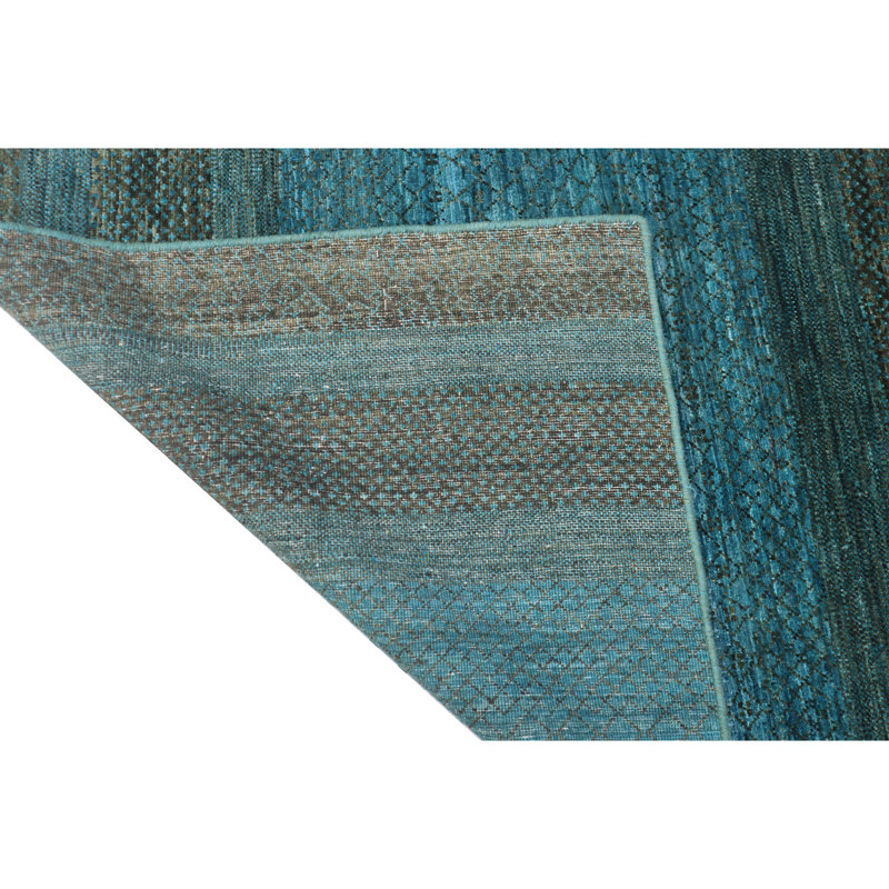 Hand Knotted Wool Area Rug in Aqua And Brown