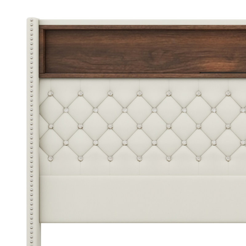 Lit pour grand lit avec port USB et veilleuse, lit plateforme à oreilles avec tablette de tête de lit, lit moelleux capitonné en velours