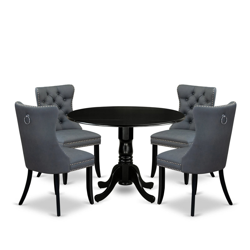 5 Piece Dining Set Includes a Round Kitchen Table with Dropleaf and 4 Polyester Fabric Upholstered Parson Chairs, 42x42 Inch, Black