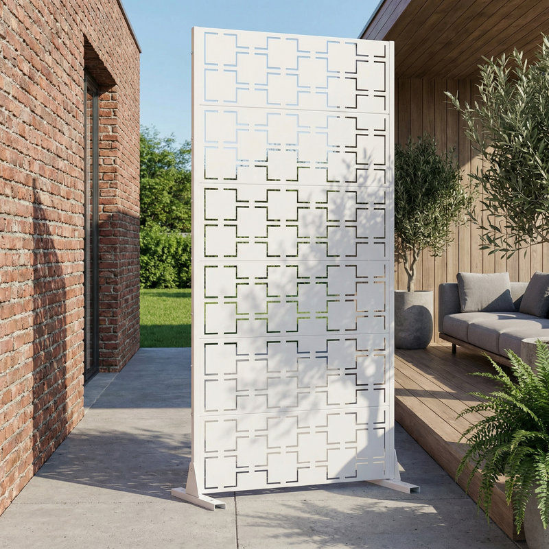 Panneau de clôture d'intimité en métal avec motif élégant, Blanc, H 72 po x l 35 po x P 16 po