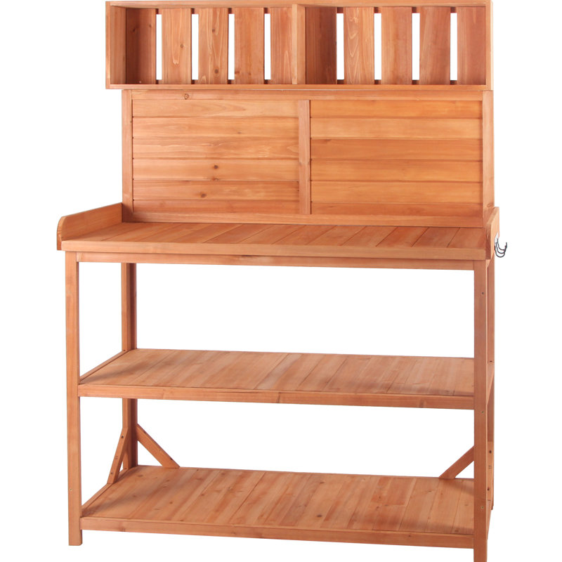 65" Rustic Wooden Outdoor Potting Table, 4 Shelves And Side Hook, Natural For Garden Use Wood Desk With Storage, Bois