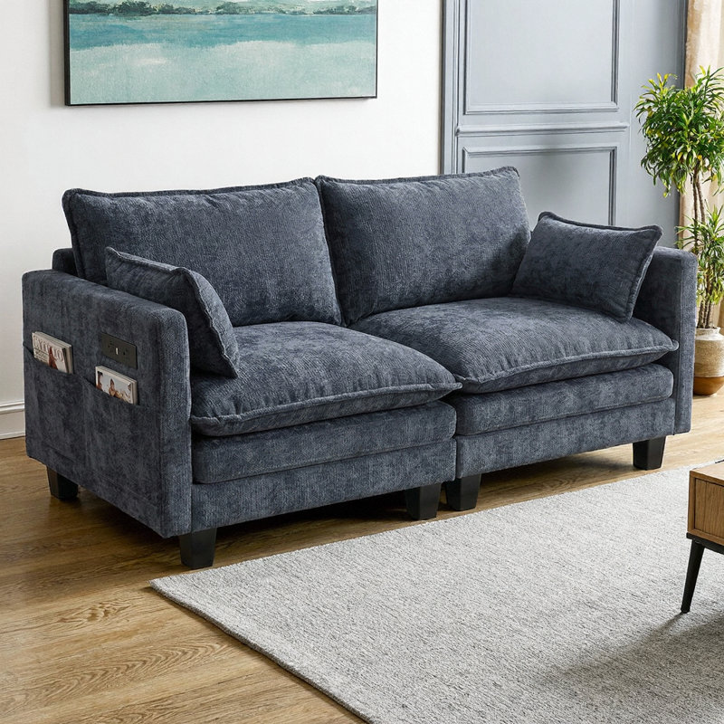 Canapé moderne à 2 places avec causeuse en chenille moderne avec double ports de charge USB et poches latérales, petit canapé pour chambre, bureau, appartement, tissu durable et doux