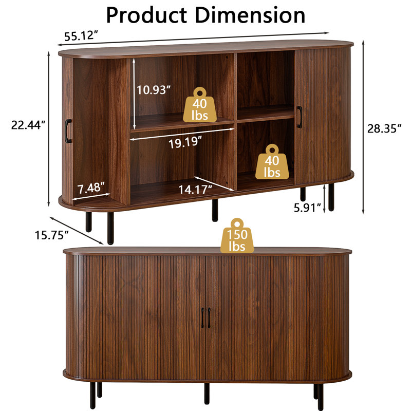  Buffet en bois avec rangement 55 po, armoire à café de style Mid-Century avec portes et tablettes coulissantes, console d'appoint pour cuisine, salle à manger, vestibule