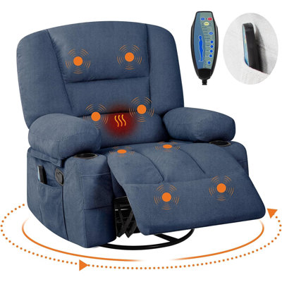 Fauteuil inclinable à bascule surdimensionné avec massage et chaleur, fauteuil oscillant pivotant à 360 ° avec porte-gobelets pour le salon