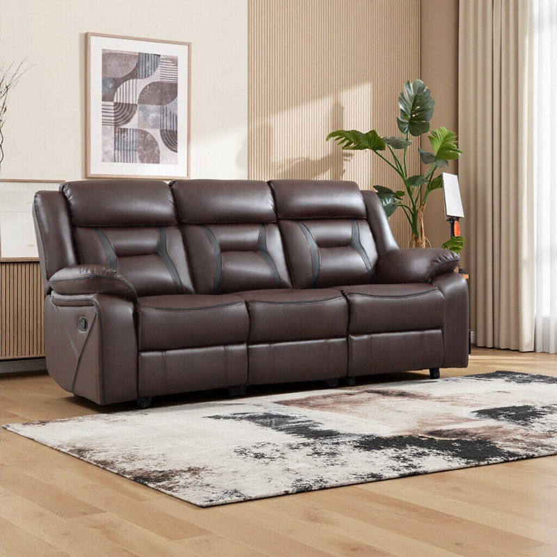 Canapé inclinable manuel en cuir vegan de 84,6 po de largeur, canapé 3 places avec accoudoirs coussinés, Brown Faux Leather