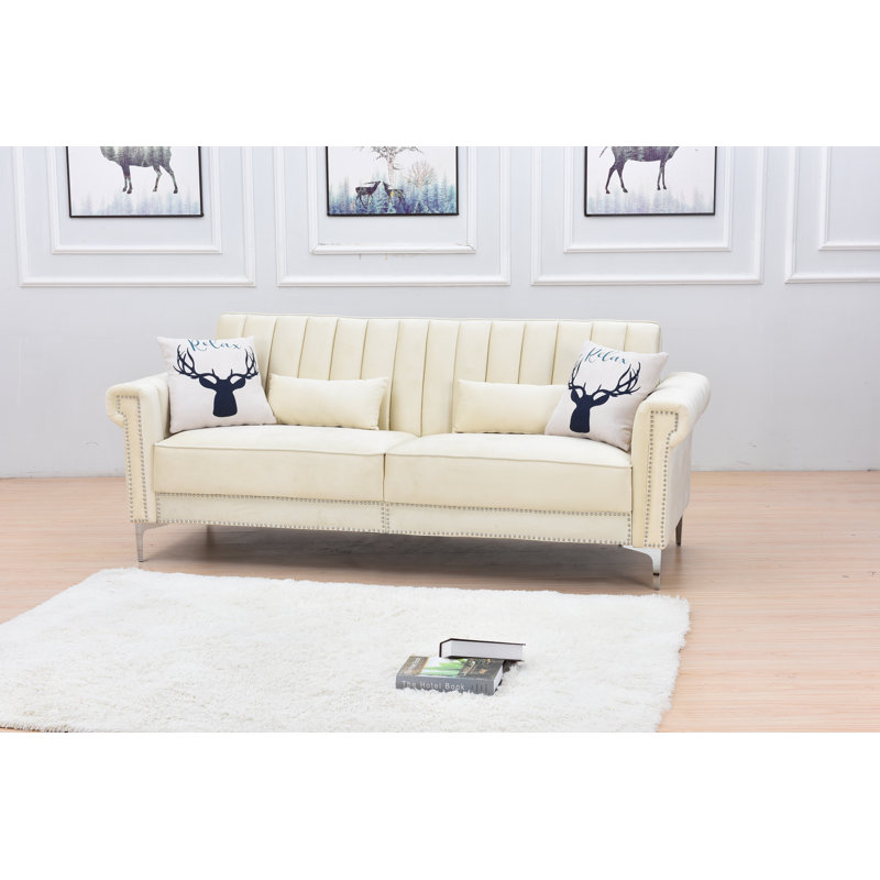 Twin 85'' Velvet Futon And Mattress, Cream