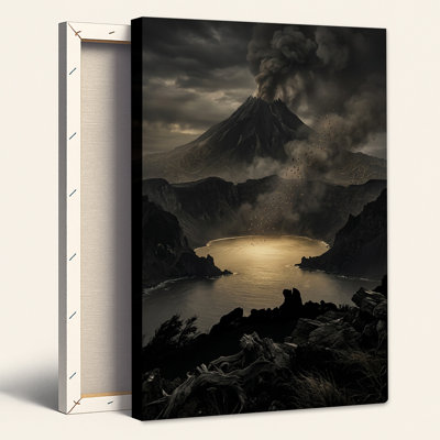 Dark Volcano Erupting Smoke Over Golden Crater Lake Canvas Wall Art