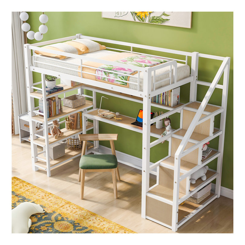 Lit mezzanine simple en métal avec escalier, bureau intégré et tablettes de rangement, blanc