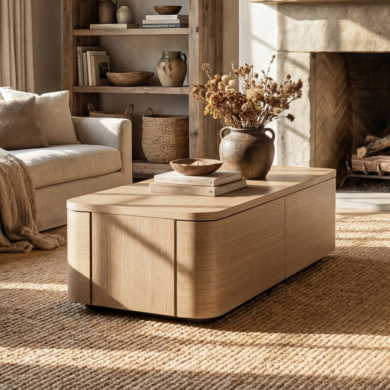 55.1'' W Rounded Wood Coffee Table With 4 Drawers