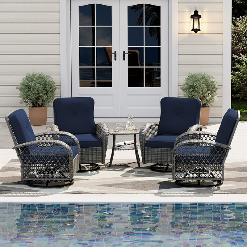  Ensemble de chaises berçantes pivotantes pour l'extérieur en osier 5 pièces avec table d'appoint et coussins, Marine