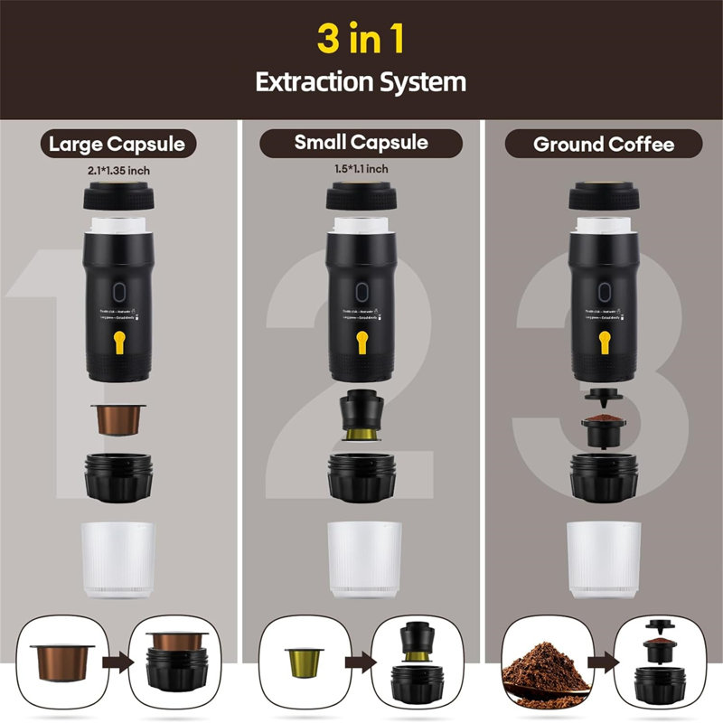 Portable 3-in-1 Espresso Coffee Maker, 20 Bar High Pressure Wireless Self-Heating Machine with USB Charging, Compatible with Ground Coffee & All Capsules, Cold/Hot Brew for Travel, Camping, Home, Office & RV Use