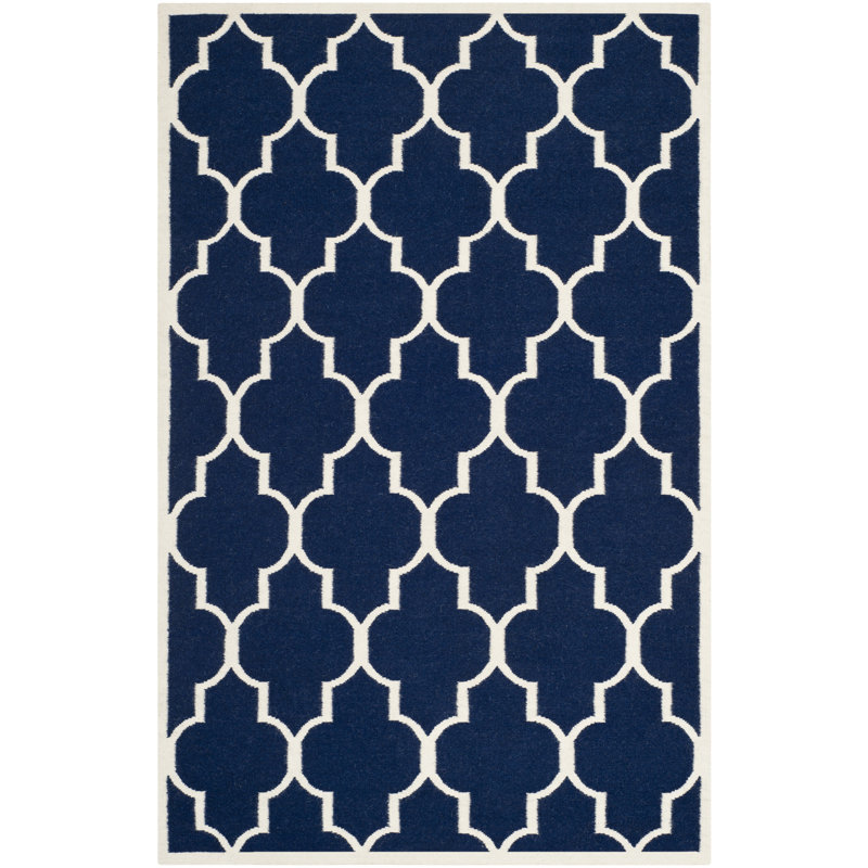 Emek Hand Woven Flat Weave Wool/Cotton Geometric Rug in Blue, Rectangle 6' x 9'