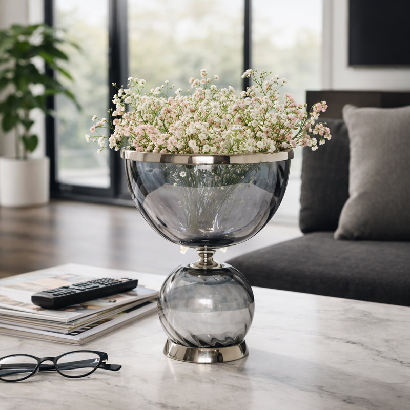 Élégant vase rond en verre avec rebord en métal pour la maison, 11"