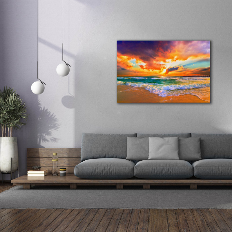 «Red Orange Mauve Beautiful Beach Sunset» par Ezra Tanner, reproduction d'art sur toile, H 40 po x l 60 po x P 1,5 po