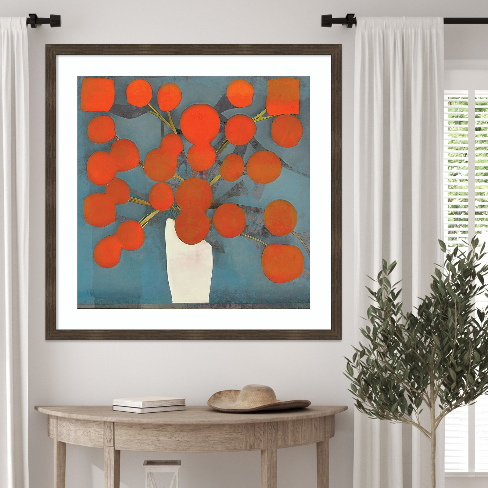 Abstract Orange Flowers Print by Elena Ray, 34" H x 34" W, Dark Brown