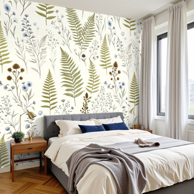 Peel and Stick Wallpaper Floral Greenery Ferns Leaves Wildflowers Wall Murals 100"H x 144"W Removable PVC Wall Paper Self-Adhesive Wall Paintings Art Decor for Bedroom Living Room