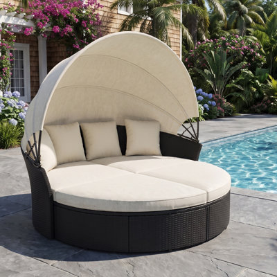 Round PE Wicker Outdoor Daybed with Detachable Adjustable Canopy, Thick Cushions and Decor Throw Pillows, Outdoor Patio Furniture Set for Backyard,