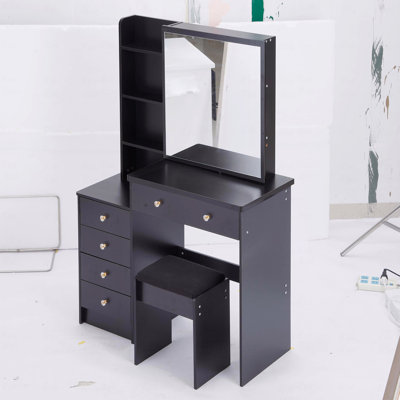37" Middle Size Left Bedside Cabinet Vanity Table + Cushioned Stool, Extra Large Right sliding mirror, Multi Layer High Capacity Storage, Practical Fashionable Dresser, Suitable For Middle Space
