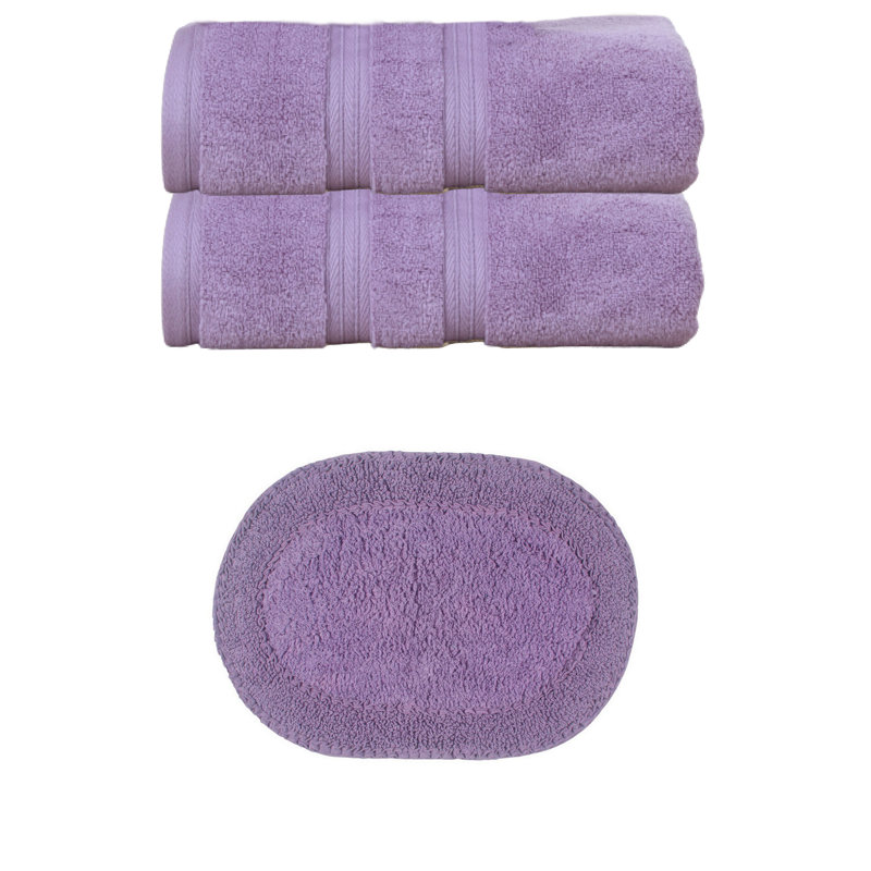 Serviette de bain 100% coton et tapis de bain 17 x 24 po Brunk Collection, Ensemble 3 serviettes de bain, Mauve