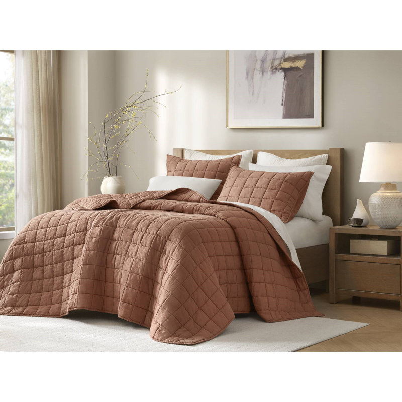 Ensemble de literie de qualité supérieure très grand / très grand californien, courtepointe 100% lin français, rouge brique rustique pour toutes les saisons