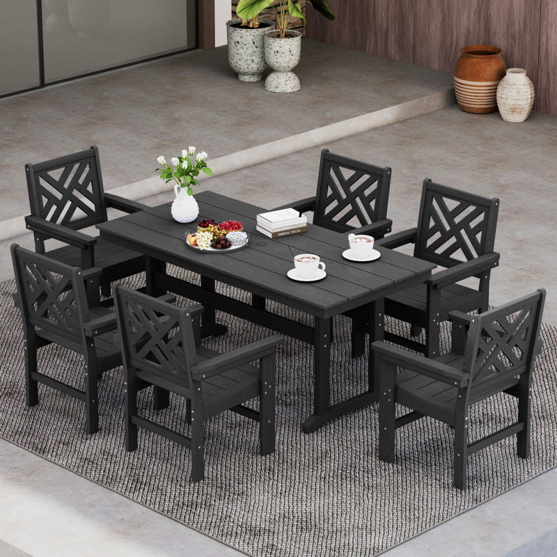 Outdoor Patio Dining Set All Weather HDPE Dining Set Poly Dining Set Rectangular Table  6 - Person, 6, Black
