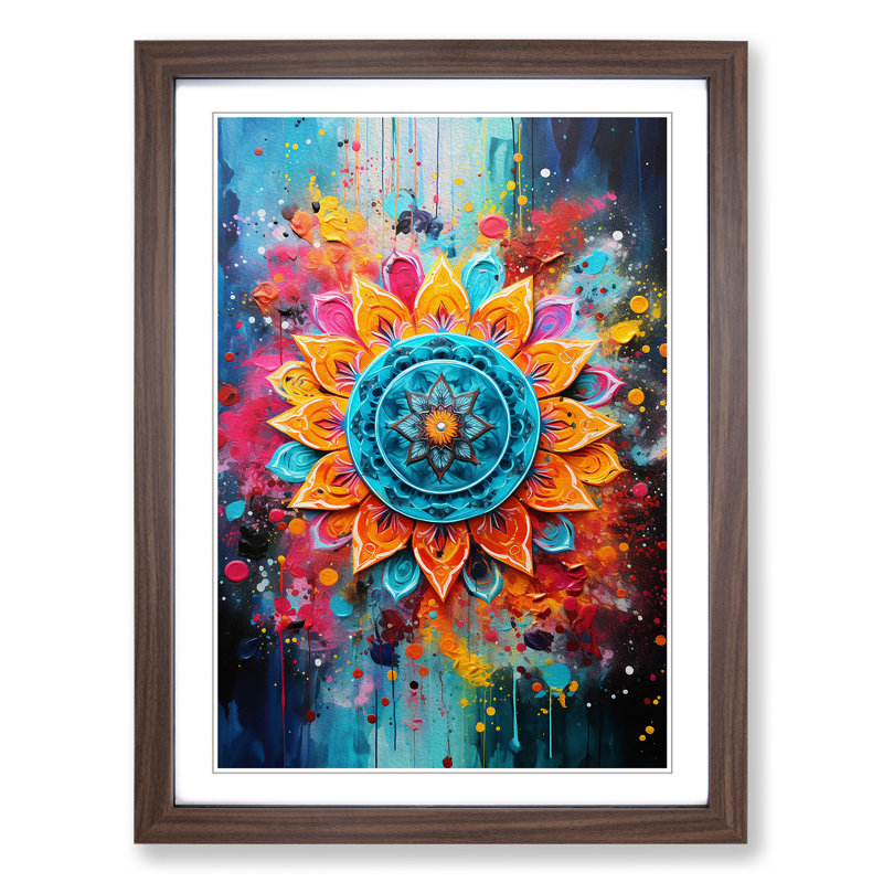XYZ-FRM-V1223-4467 Mandala Gestural - Single Picture Frame Print on Wood, 46cm H x 34cm W x 2cm D, Walnut 
