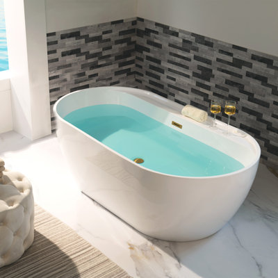 59" x 31.5" Freestanding Acrylic Double Ended Bathtub with Wide Rim, - Available in Glossy White/Black, with 5 Finish Options for Trim