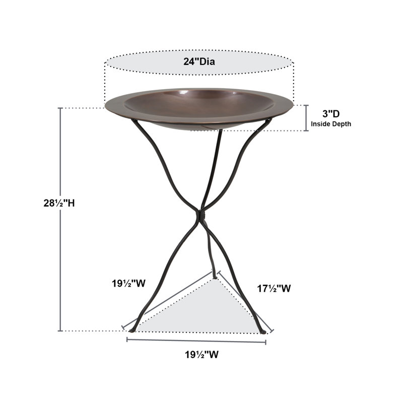 24" Antique Copper Birdbath with Wrought Iron Stand
