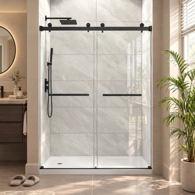 Porte de douche coulissante double sans cadre en verre trempé de 8 mm (5/16 po) avec système anti-explosion, 55-60 po L x 76 po H