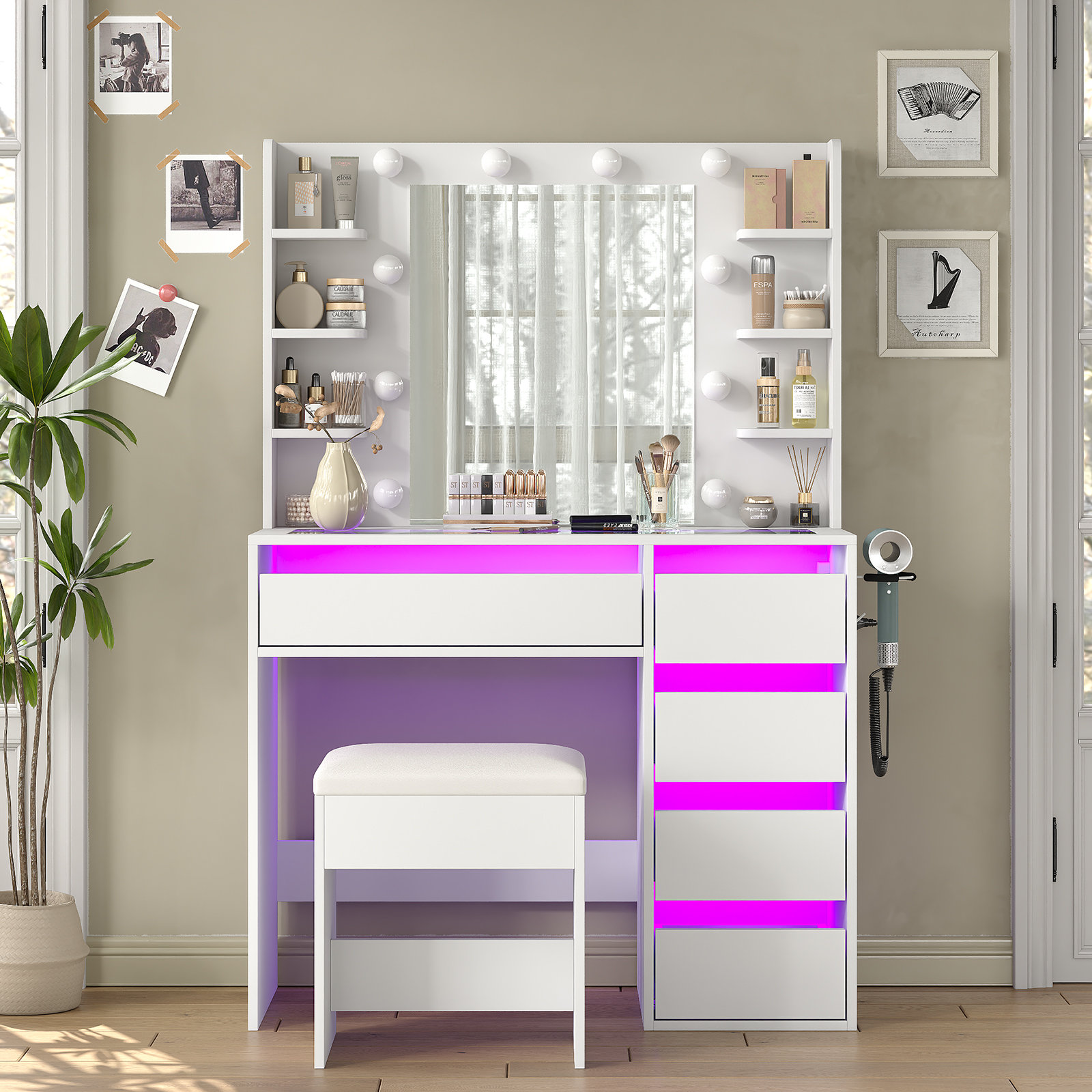 Ebern Designs Bureau de coiffeuse avec miroir et 10 lumières DEL ...