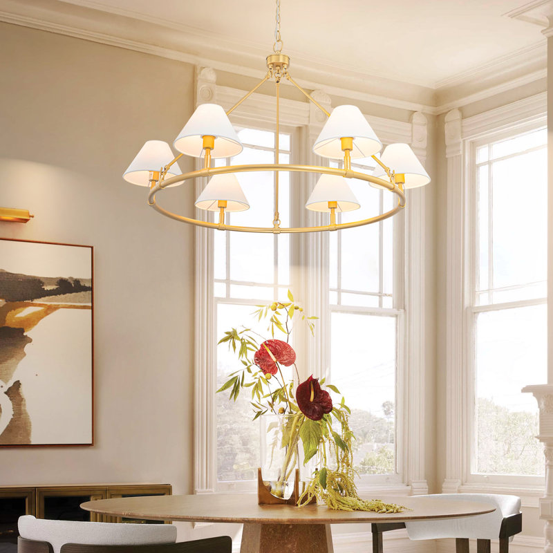 6 - Light Dimmable Farmhouse Wagon Wheel Classic / Traditional Chandelier With White Shade