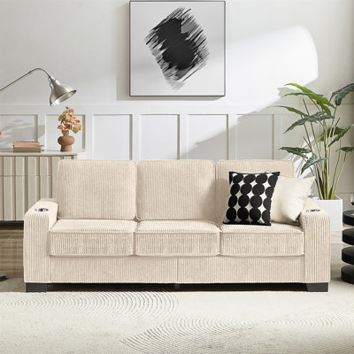 83.86 Inch Corduroy Fabric Sofa, Modern Compressed Couch With Built-In Cup Holders, 3-Seater Comfort And Style