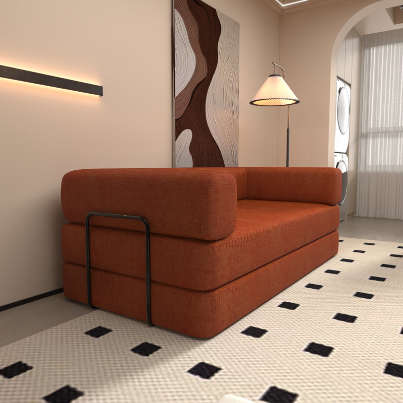 Canapé-lit convertible avec oreiller cylindrique, canapé-lit pliant en velours côtelé avec cadre de forme fixe, canapé-lit de salon pour salon, chambre à coucher, studio de détente (rouge orange)