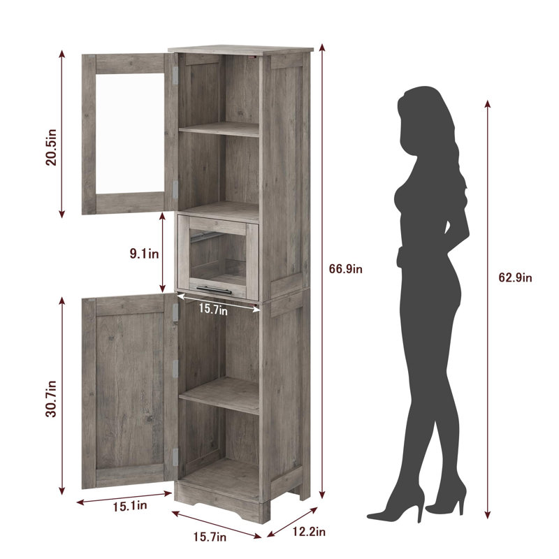 Armoire de salle de bain, armoire étroite autoportante avec tablettes réglables, Gris