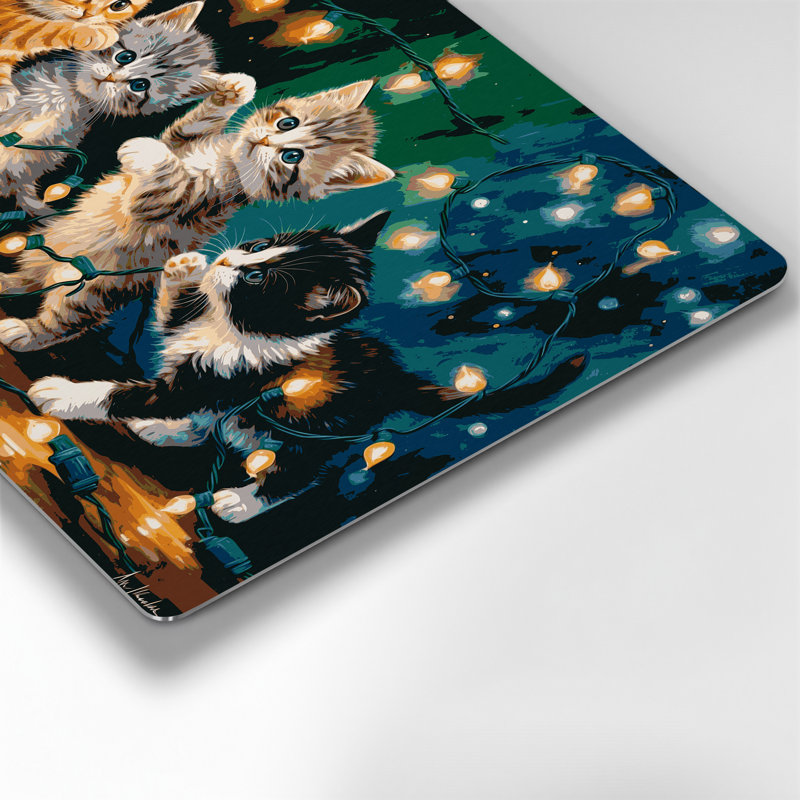 Chatons de Noël emmêlés dans des lumières de Noël, art mural en métal bleu, H 20 po x l 24 po