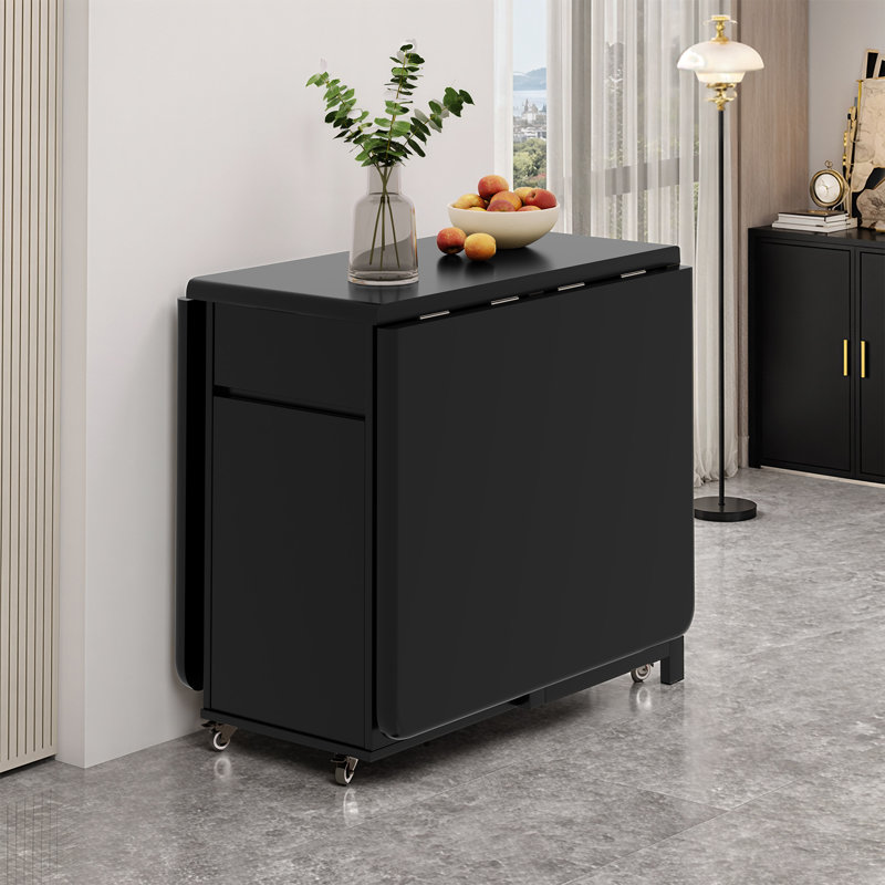 Black Foldable Dining Table Retro Design, Mobile on Casters with Storage Compartment, Space-Saving 1.3/1.5 Metre Long Table for Kitchen, Apartment, 4-6 Person Fully Assembled, No Assembly Required.(Without Chairs)