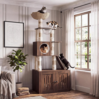 66.9" Modern Cat Tree with Hidden Litter Box Enclosure, Condo, Hammock & Storage Cabinet – Sisal Scratching Posts