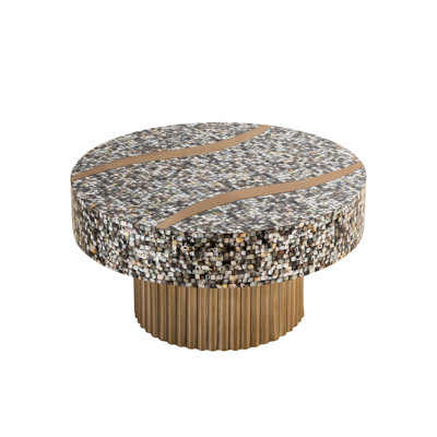 Modern & Contemporary Coffee Table With Stainless Steel Baseplate, Mother Of Pearl Covered Top, Brass Finish, 32x32x17 In, 38 Lb Support, Covering,