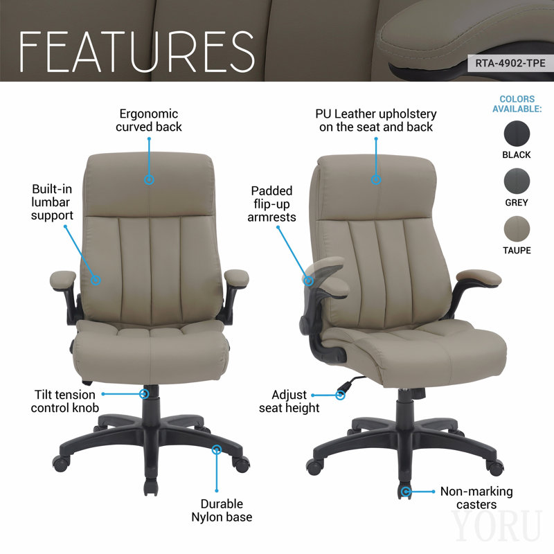 Ergonomic Faux Leather Office Chair – Ultra-Padded Executive Desk Chair With Flip-Up Armrests, Height Adjustable, Tilt Control, And Smooth-Rolling Wheels, Taupe