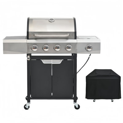 Barbecue au propane à 4 brûleurs avec brûleur latéral, couvercle, roues et couvercle