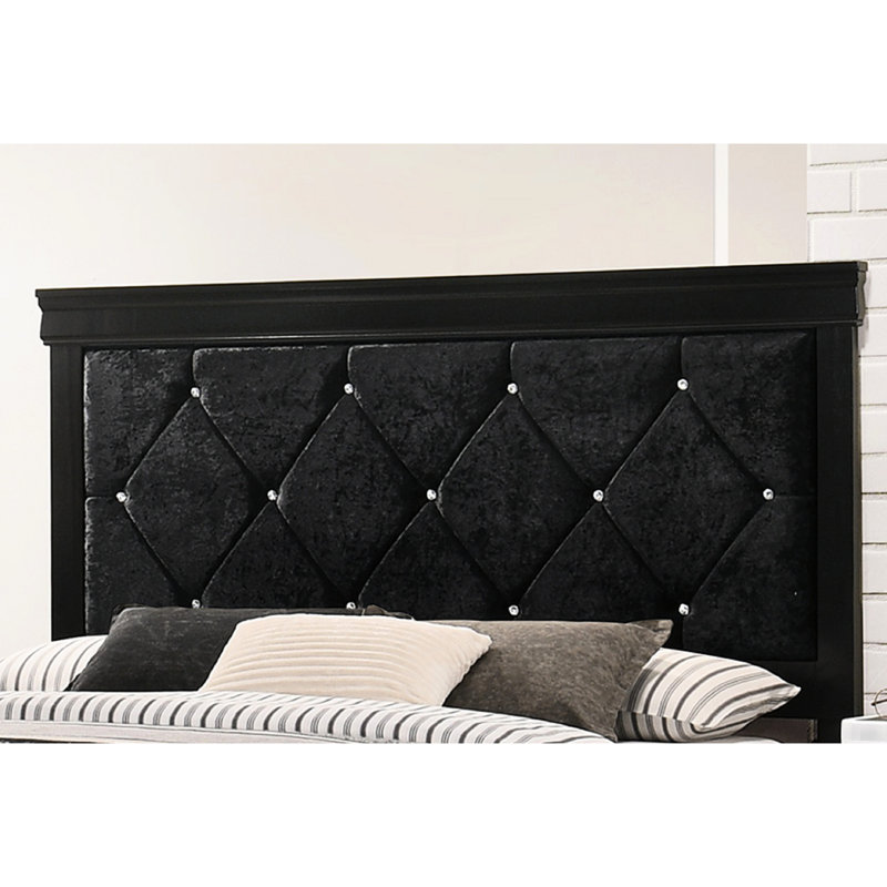 Lit très grand au fini noir avec tête de lit tapissier et capitonnage à boutons séduisants, élément caractéristique en bois au design moderne et magnifique