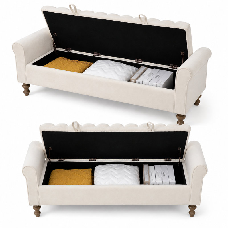 Banc de rangement contemporain luxueux, capitonné, avec siège à canaux, accoudoirs roulés et compartiment caché, idéal pour la chambre, le salon, l'entrée et les dortoirs.