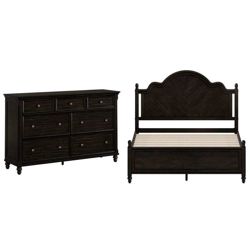 Ensemble de chambre à coucher Mid-Century, Noyer foncé, 2 Pcs: Bed, Dresser, Grand lit