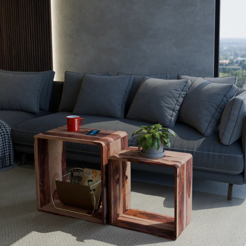 Modern Solid Wood Nesting Tables, Set of 2 with Open Storage, Natural Finish, Natural