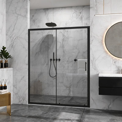Porte de douche coulissante simple en acier inoxydable noir mat de 122 cm x 183 cm avec verre trempé transparent