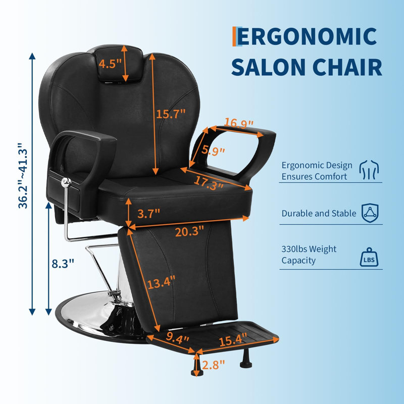 Fauteuil de coiffure inclinable professionnel avec pompe hydraulique, fauteuil de coiffeur pivotant à 360 ° avec appui-tête réglable pour spa et tatoo beauté, noir